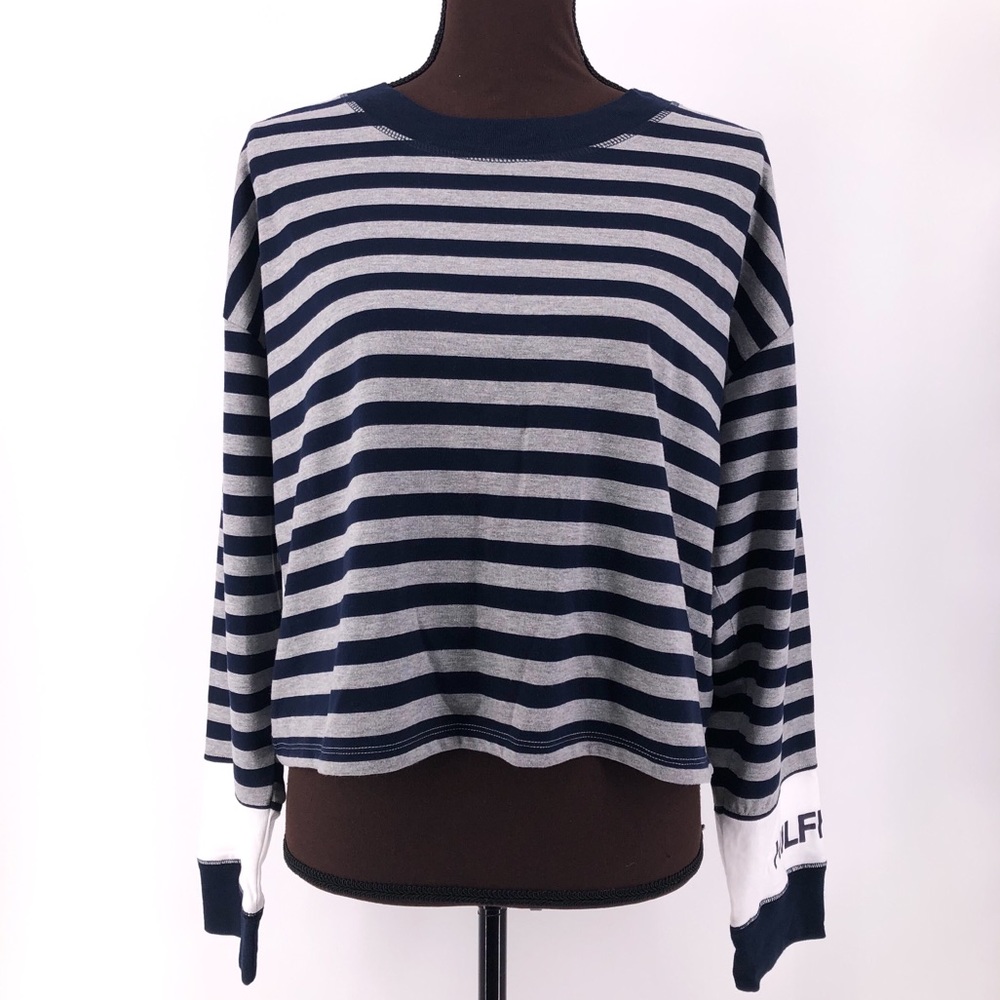 TOMMY HILFIGER Striped Long Sleeve Cropped Tee Blue Size L - Picture 1 of 8